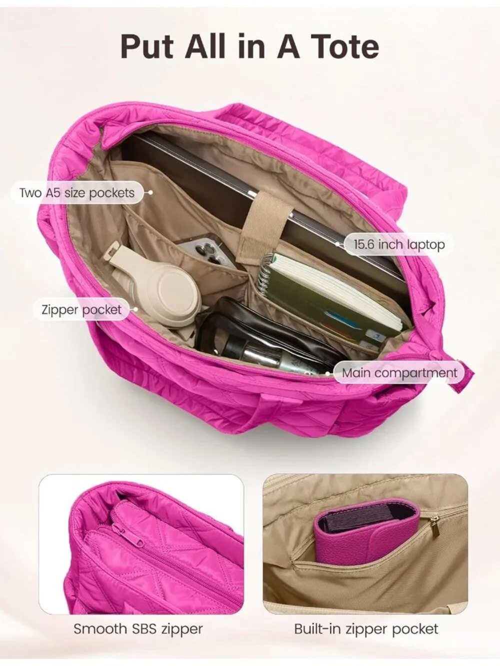 👜Women's Raspberry Pink Puffer Tote Bags Lightweight Quilted Work For Travel